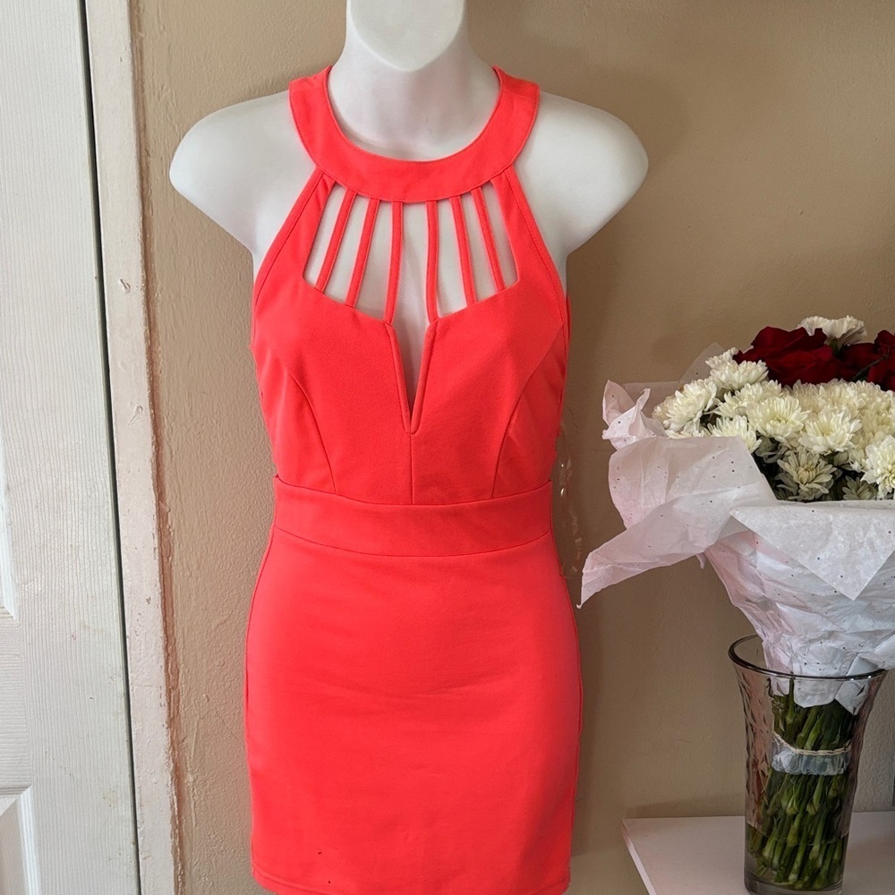 Vibrant Coral Cutout Mini Dress